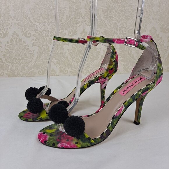 Betsey Johnson Lylly Size 8B Heels Ankle Strap Pom Pom Detail Floral Dot Fabric - Picture 1 of 16